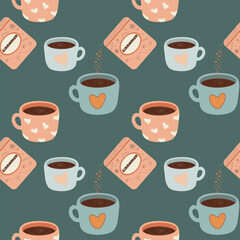 Vector illustration, cinnamon coffee, cute pattern, heart, love coffee
