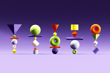 Set of Colorful, Shiny Toys / Totems on a Purple Background