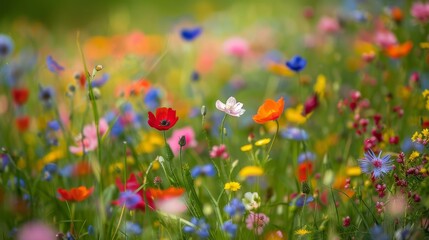 Colorful summer meadow with blooming flowers for spring and wedding designs