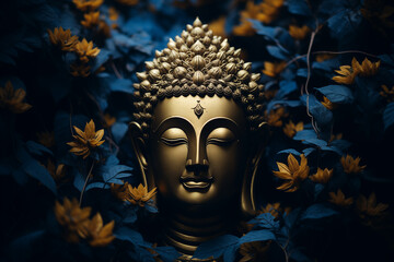 there is a gold buddha statue surrounded by yellow flowers
