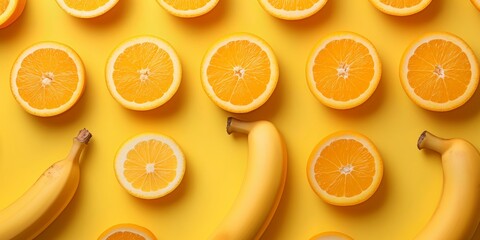 On a yellow background, yellow bananas and orange form a pattern, highlighting aesthetic seasonal fruits