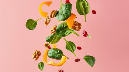 Fototapeta premium Minimalist Food Banner with Spinach, Bell Pepper, Walnuts, and Dried Cranberries on Pastel Pink Background - Design for Print, Card, Poster