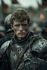 Obraz premium Brave knight in muddy armor, standing strong in battle