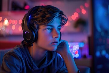 Young gamer immersed in a video game, surrounded by neon lights and wearing headphones. A vibrant and modern scene of digital fun.