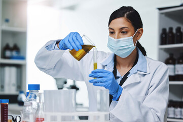 Fluid, research or woman with sample for science, medical test or data for healthcare professional. Pathology, analysis or laboratory for stem cell study, dna or medicine innovation for biotechnology