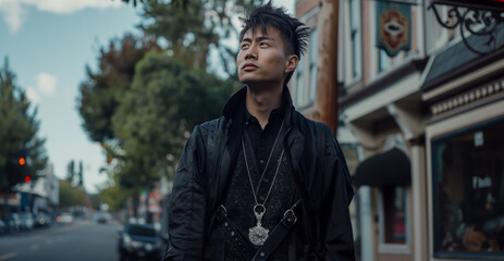 Young Chinese man on the street of a small Californian town, dressed in gothic clothes