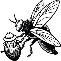 A fly craw linocut. Hand drawn sketch of fly. Retro realistic animal isolated. Vintage style. Doodle