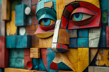 Colorful Abstract Cubist Painting with Facial Features and Geometric Shapes