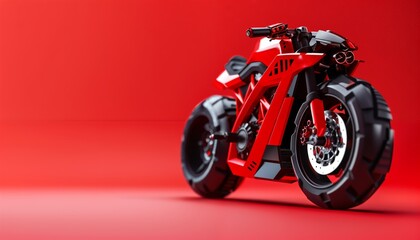 Futuristic electric toy motorcycle on ruby red background with copy space