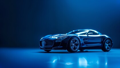 Obraz premium Sleek electric toy sports car on midnight blue background with copy space
