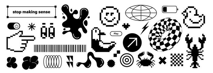 Trendy retro stickers Y2k. Flat pixelated design. Cool pop art elements. Retro elements. Black and funky typography. zine aesthetic. Vectored shapes, retro vibes. Seagull, duck, liquid form.