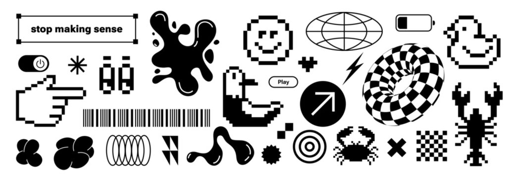 Trendy retro stickers Y2k. Flat pixelated design. Cool pop art elements. Retro elements. Black and funky typography. zine aesthetic. Vectored shapes, retro vibes. Seagull, duck, liquid form.