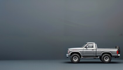 Toy electric pickup truck on charcoal gray background with copy space
