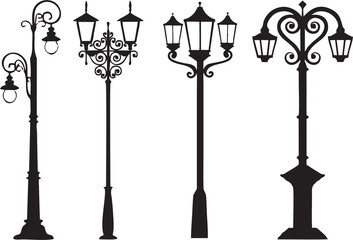 Set of Street Lamps. Vintage Street Light Posts Isolated on White Background. Manufacturing, marketing, packing and printing idea. Online sale poster, banner or flyer designing help.