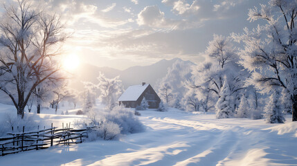 snowy scene of a house in a snowy landscape with trees