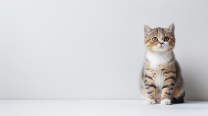 A cat is sitting on a white table