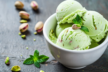 there is a bowl of ice cream with pistachios and mint leaves