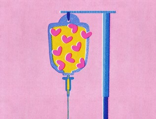 Intravenous bag, love medicine with Hearts on Pink Background