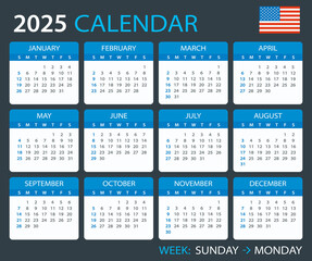 2025 Calendar United States - vector template graphic illustration - Sunday to Monday