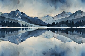Watercolor art background with mountains and lake in winter. Landscape banner in blue tones for art decorations, print for decor. Generative AI 