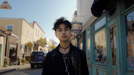 Young Chinese man on the street of a small Californian town, dressed in gothic clothes