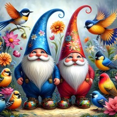 Goblins wearing vibrant hats among a garden full of blooming flowers and chirping birds.