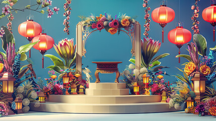 empty podium surrounded by lanterns, floral arrangements, and festive Eid al-Adha decorations against blue plain background.