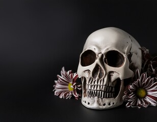 Halloween banner with skull and flowers, gothic, black and silver, wide, copyspace
