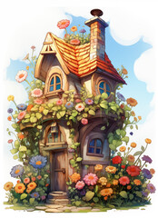 there is a house with a flower garden on the roof