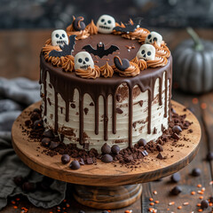 there is a cake with chocolate icing and spooky decorations on it