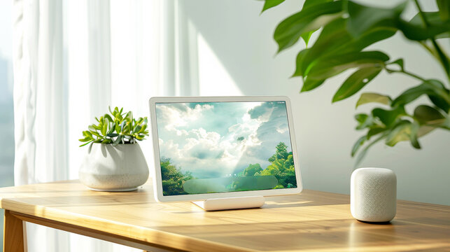 Amazon Echo Show digital product in light tones, showing the weather on the screen