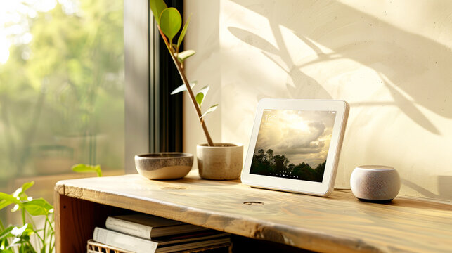 Amazon Echo Show digital product in light tones, showing the weather on the screen