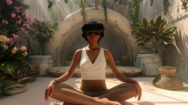 Virtual reality health app offering guided meditation and therapy sessions through immersive environments