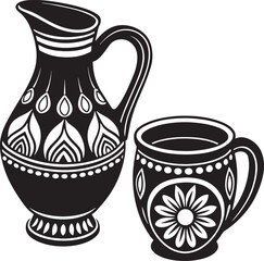 decorative jug and cup llustration black and white 