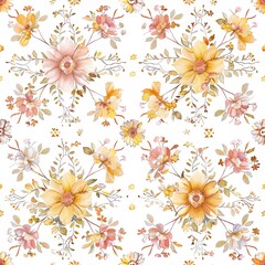 Watercolor floral seamless pattern. Delicate flowers and leaves on white background. For fabric, wallpaper, scrapbooking, gift wrap.