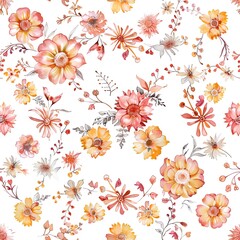 Watercolor hand painted seamless pattern with small orange, yellow and pink flowers and leaves on white background.