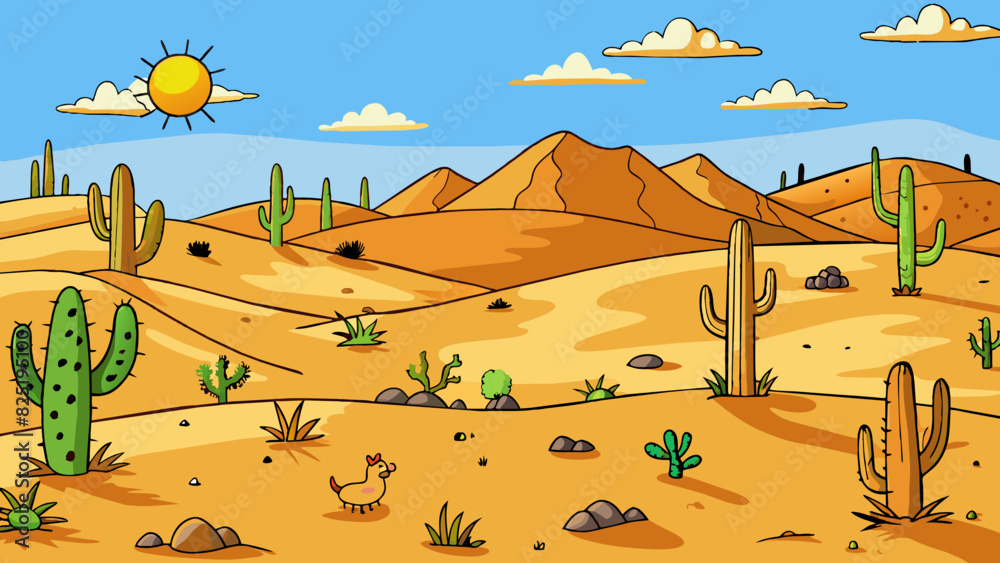 Poster a barren desert with rolling sand dunes as far as the eye can see. the landscape is rugged and unfor