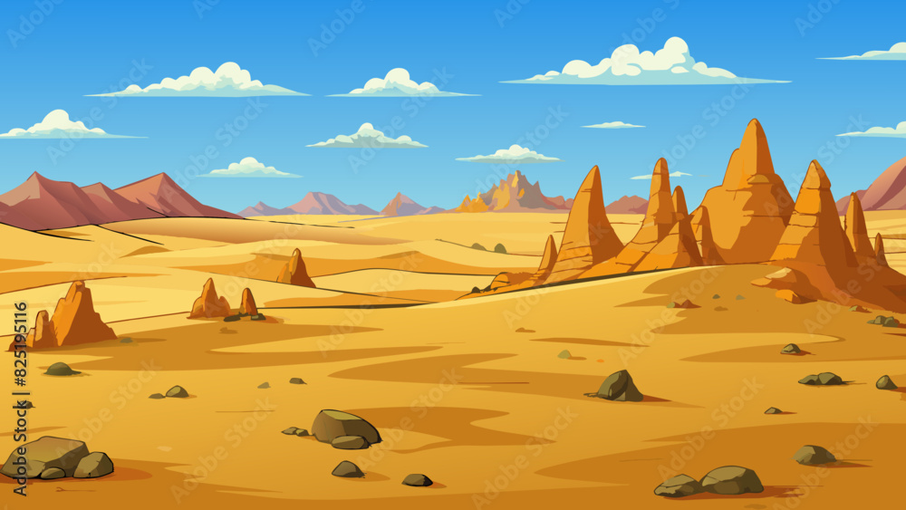 Poster a barren landscape in the desert with only sand dunes and rocks as far as the eye can see.. cartoon 