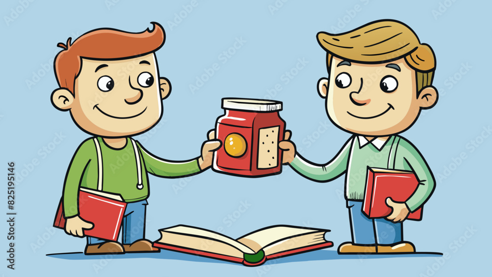 Poster A barter between two friends one giving a book and receiving a jar of homemade jam in return. The book is in good condition with a decorative cover. Cartoon Vector.