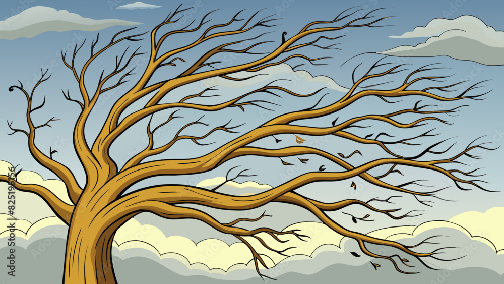 Aufkleber a barren tree with its twisted branches reaching up towards the sky. the north wind has away all its