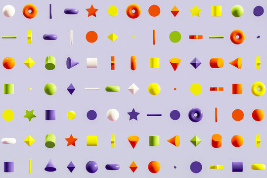 3D Rendering of Various Geometric Shapes in Neat, Grid Arrangement