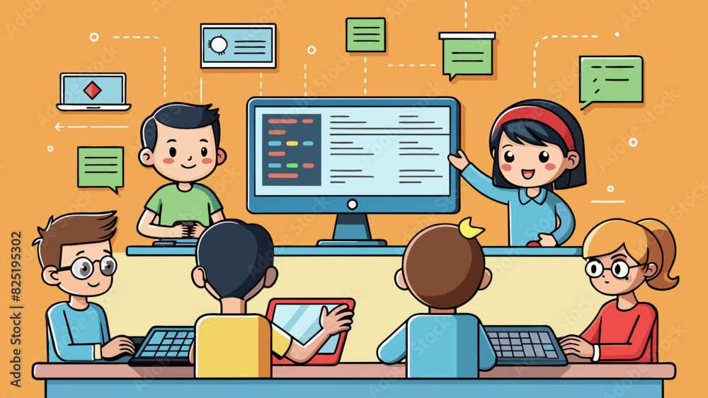 Fototapete A beginners coding course introduces students to computer programming basics such as algorithms data types and variables. Through handson activities. Cartoon Vector.