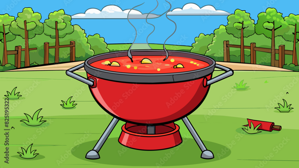 Poster A big pot of soup on a outdoor grill with the liquid inside bubbling and boiling vigorously. The soup is a deep red color and small bubbles appear on. Cartoon Vector.