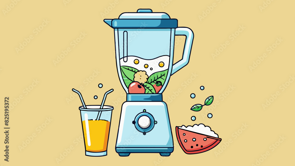 Poster A blender filled with fruits ice and milk being shaken to make a smoothie. The blender has a large rectangular pitcher with a removable lid and a. Cartoon Vector.