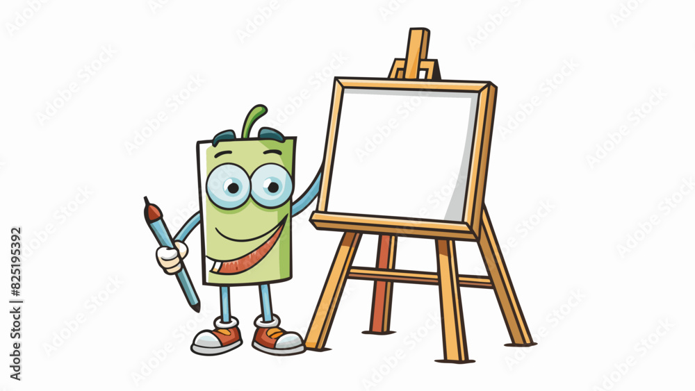 Poster A blank canvas sitting on an easel inviting anyone with a paintbrush to create soing new and unique. The canvas represents blank possibilities and the. Cartoon Vector.