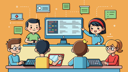 A beginners coding course introduces students to computer programming basics such as algorithms data types and variables. Through handson activities. Cartoon Vector.