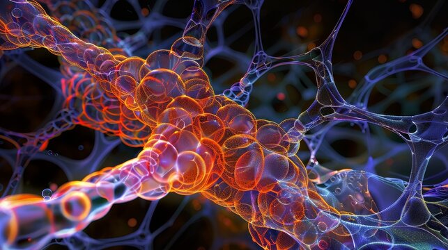 Vibrant, glowing visualization of the Golgi apparatus inside a eukaryotic cell, showcasing its membrane network