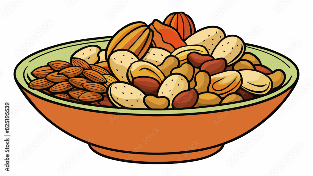 Aufkleber A bowl of mixed nuts containing peanuts almonds cashews pecans and walnuts each with a different shape color and taste.. Cartoon Vector.