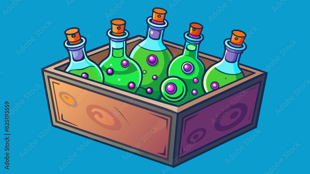 Aufkleber A box filled with tiny glass bottles each one containing a unique and vibrant potion with swirling patterns and glowing ingredients.. Cartoon Vector.