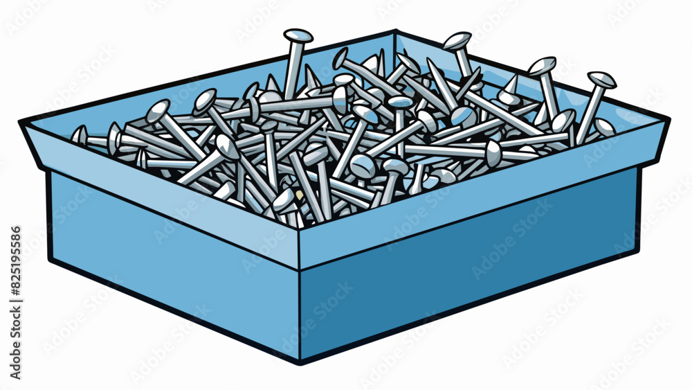Poster A box filled with one hundred shiny metal screws each with perfectly straight lines and sharp pointed ends ready to be used for construction or. Cartoon Vector.
